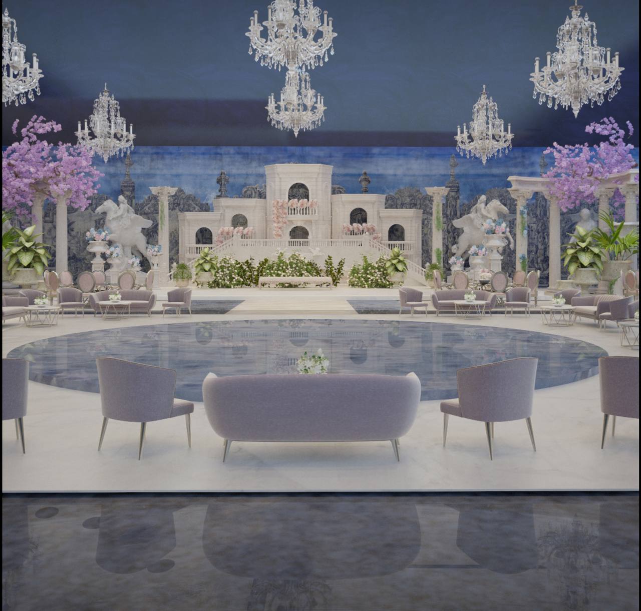 Design render of a poolside palace backdrop with chandeliers and purple florals by RAW Group